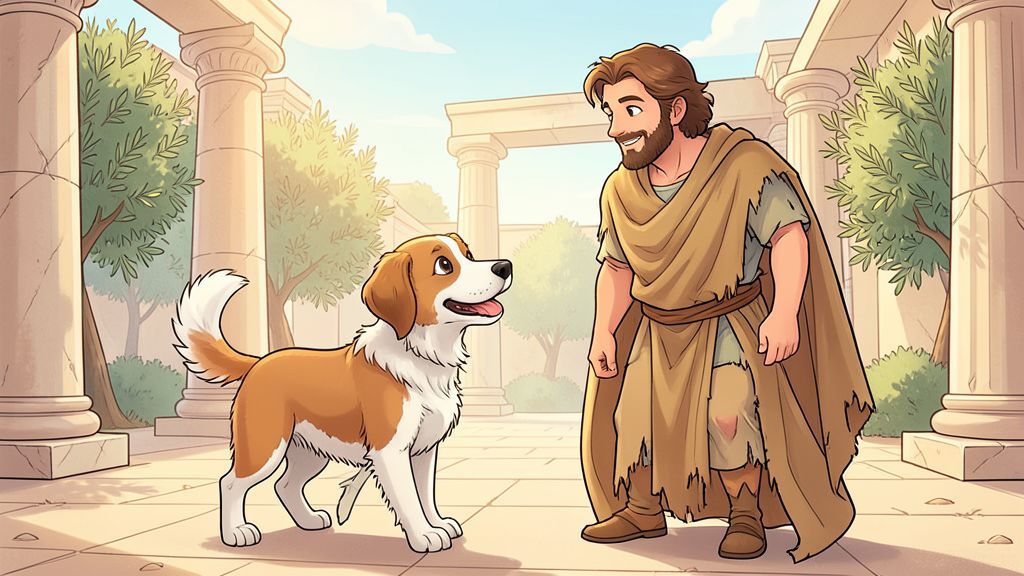 Ein alter, liebevoller Hund namens Argos wedelt freudig mit dem Schwanz, als er seinen verkleideten Besitzer Odysseus wiedererkennt.