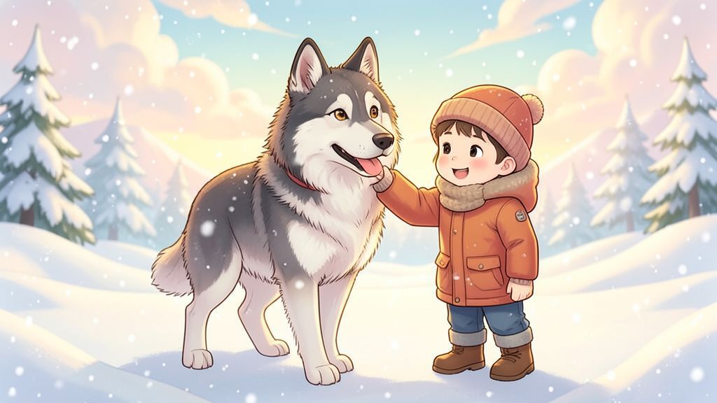 Eine kindgerechte Illustration des mutigen Schlittenhundes Balto, der im dichten Schneesturm tapfer einen Schlitten anführt und von einem Kind gestreichelt wird.