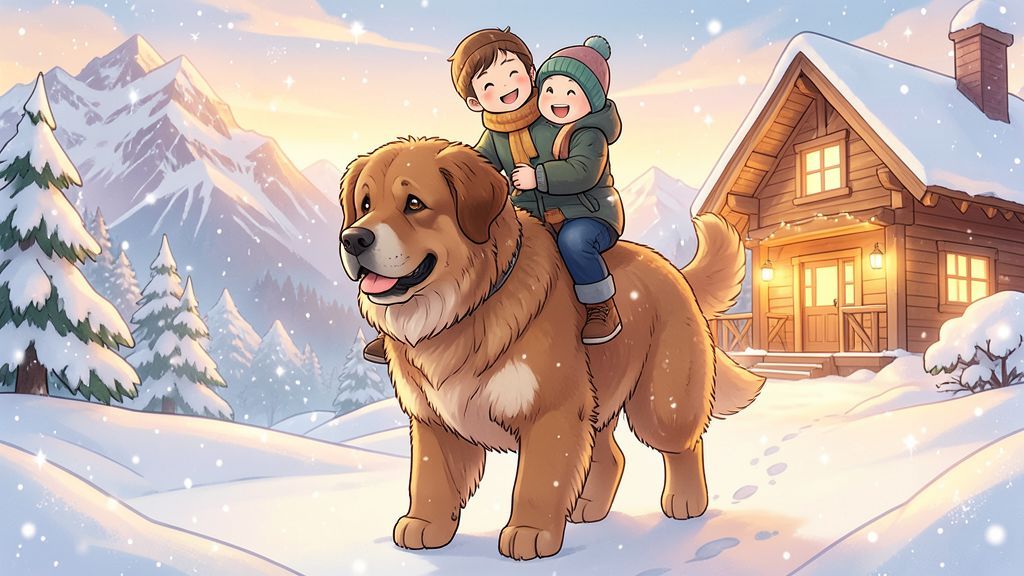 Illustration des flauschigen Bernhardiners Barry, der einen glücklichen kleinen Jungen auf dem Rücken durch den Schnee trägt.