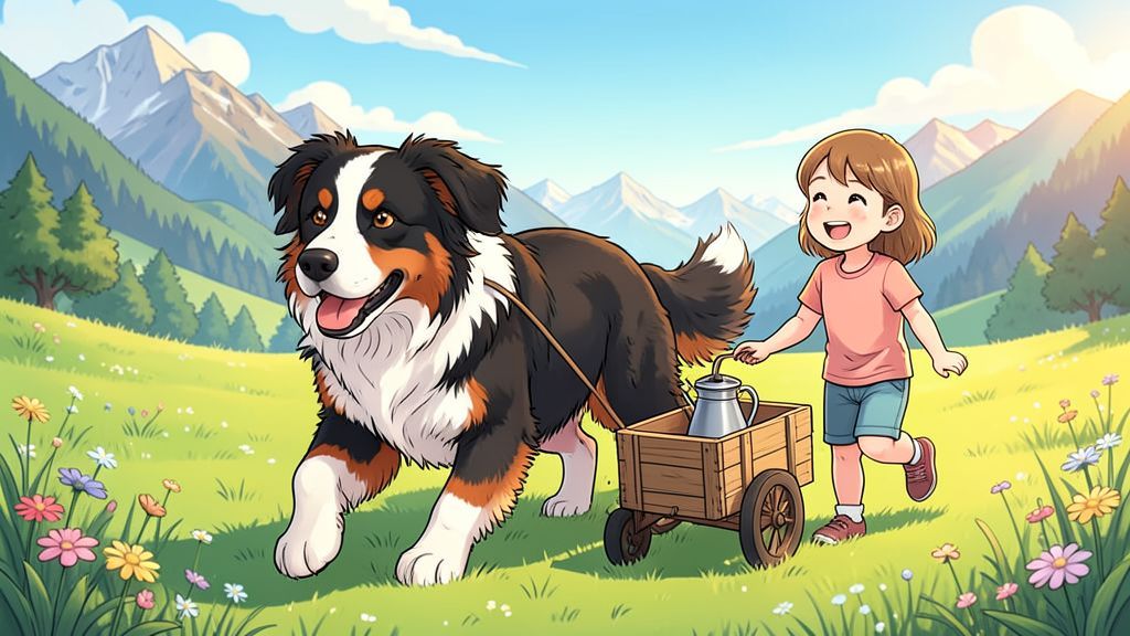 Ein fröhlicher Berner Sennenhund sitzt neben einem lachenden Kind auf einer bunten Blumenwiese in den Bergen im kindgerechten Comic-Stil
