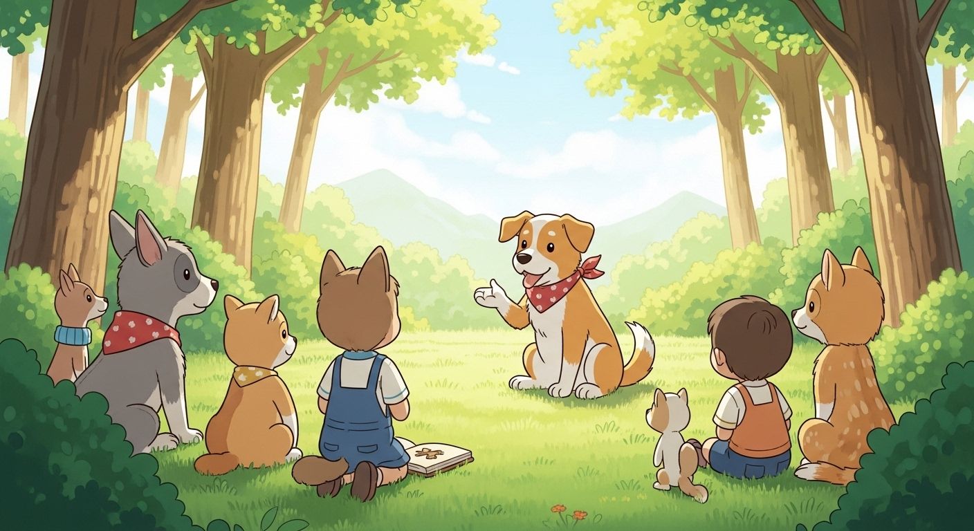 Ein Hund erzählt einem Kind und anderen Tieren im Wald eine Geschichte