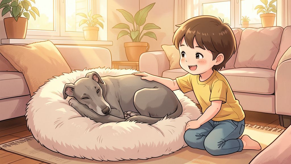 Eine kindgerechte Illustration eines schlanken Greyhounds, der friedlich zusammen mit einem lächelnden Kind auf einem großen, weichen Kissen entspannt.