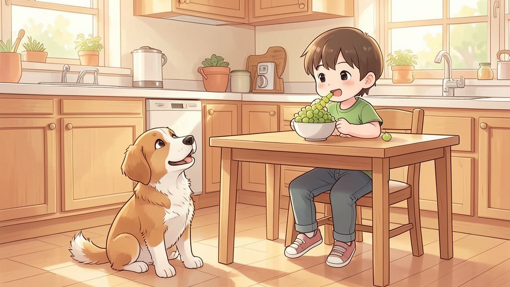 Ein Kind sitzt an einem Tisch und isst Weintrauben aus einer Schale, während ein Hund sicher auf dem Boden sitzt.