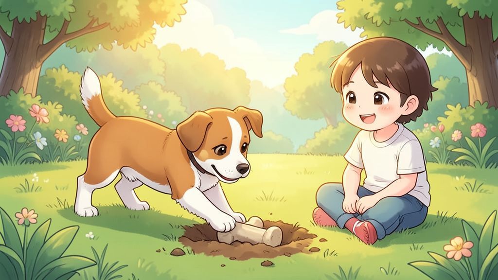 Ein fröhlicher Hund vergräbt einen Knochen im Garten, während ein Kind zuschaut.