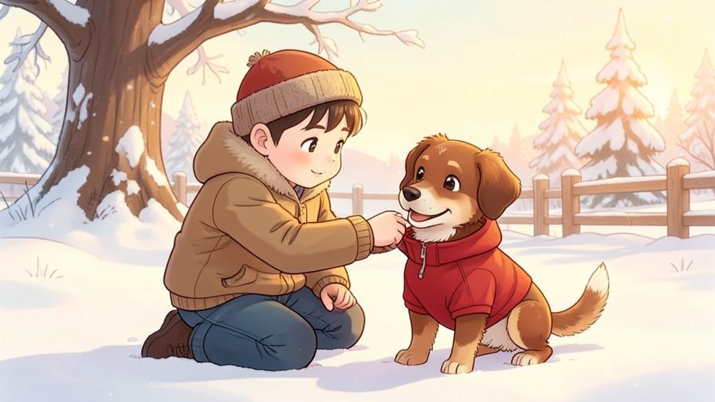 Ein Kind hockt im Schnee und legt seinem kleinen Hund einen wärmenden roten Mantel an.