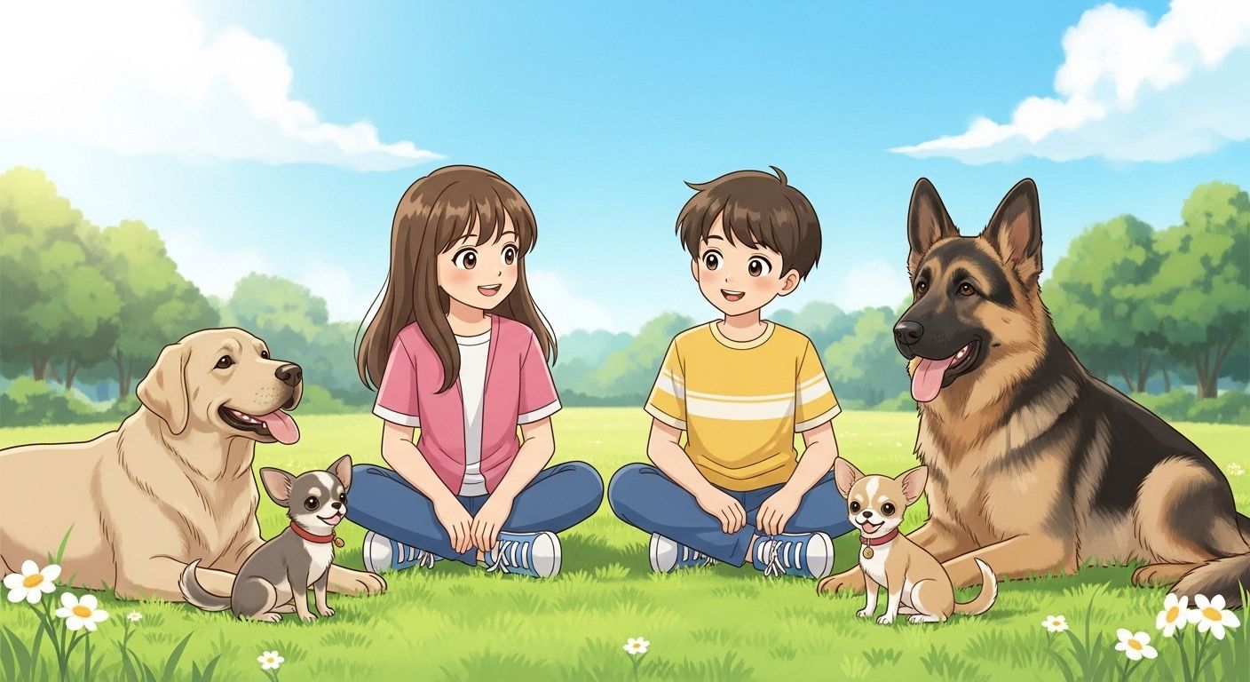 Zwei fröhliche Kinder sitzen mit einem Labrador, einem Schäferhund und einem Chihuahua auf einer sonnigen Wiese.