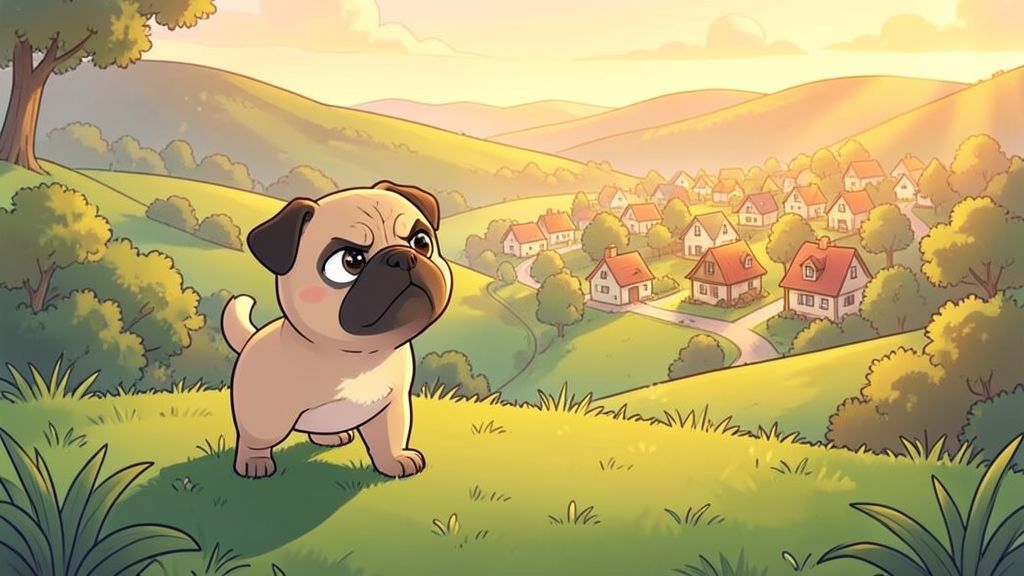 Ein tapferer kleiner Mops mit kurzen Beinen steht auf einem grünen Hügel und schaut mutig in die Ferne auf eine Stadt.