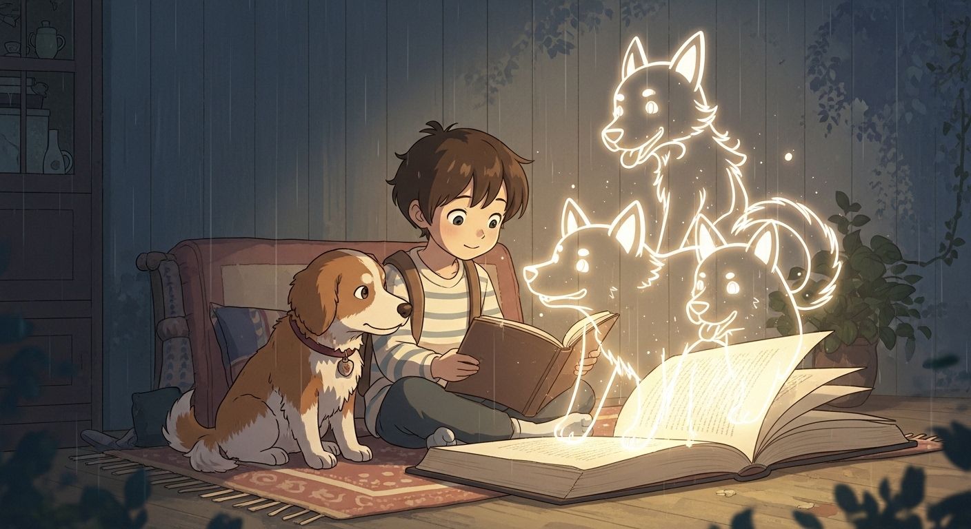 Ein Kind und ein Hund lesen gemeinsam in einem großen Buch über mythische Hunde.