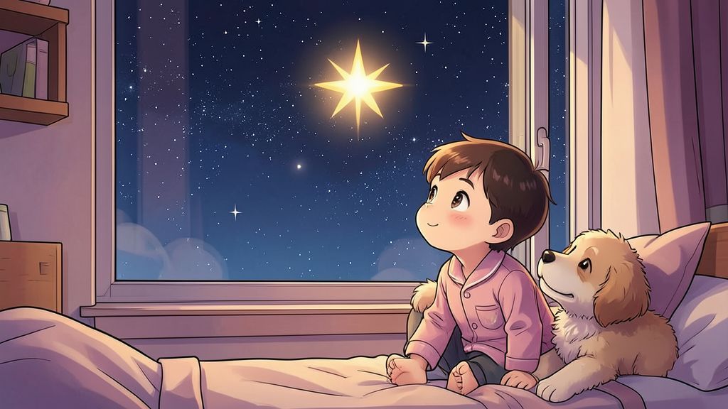 Ein Kind im Schlafanzug steht abends mit seinem treuen Hund am Fenster und schaut fasziniert hinauf zu Sirius, dem funkelnden Sternenhund am Nachthimmel.