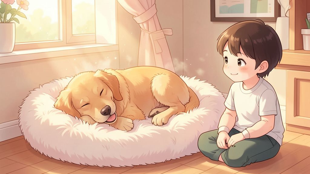 Ein schlafender Golden Retriever, der im Traum lächelt, während ein Kind ihm liebevoll zuschaut