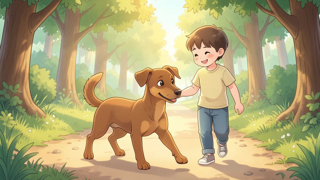 Ein fröhlicher brauner Dackel mit kurzen Beinen spaziert neben einem Kind auf einem Waldweg.