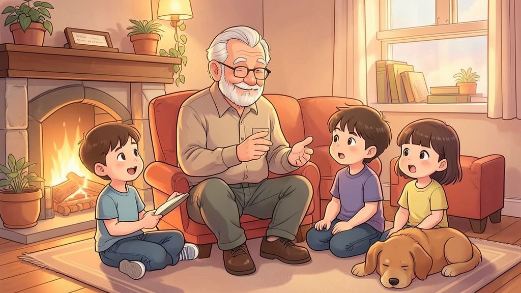 Ein Großvater erzählt zwei Kindern und einem Hund eine spannende Geschichte am Kaminofen.