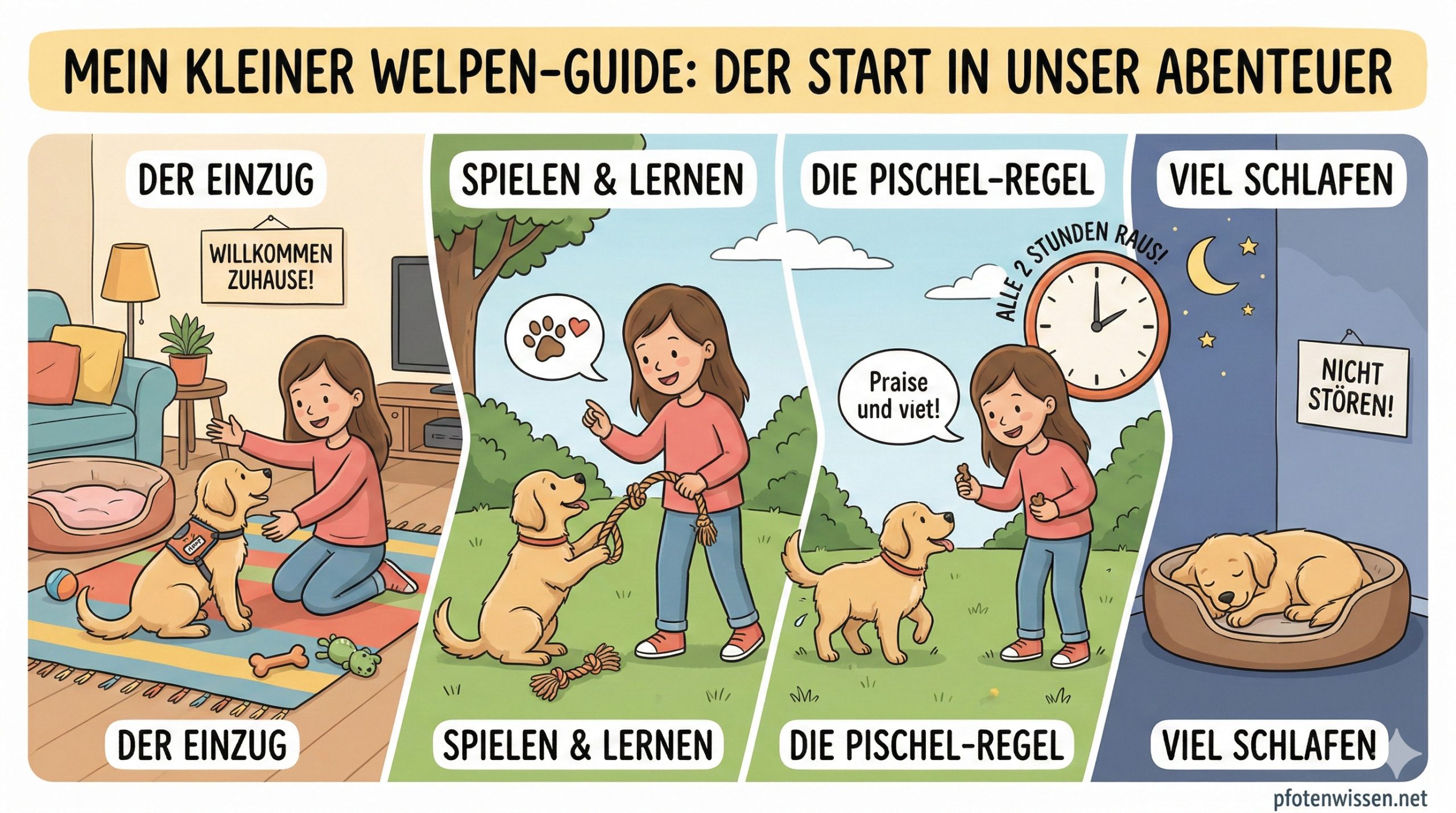 Eine vierteilige Comic-Illustration für Kinder über den Einzug eines Welpen: Ein Mädchen begrüßt einen Golden Retriever Welpen im Wohnzimmer, spielt mit einem Tau, lobt ihn beim Gassi gehen ("Pischel-Regel") und lässt ihn in seinem Körbchen in Ruhe schlafen.