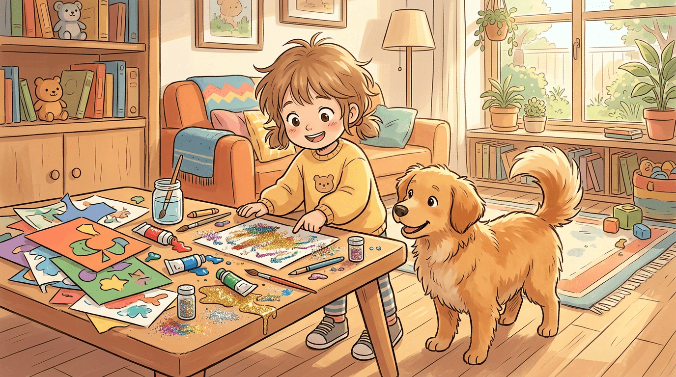 Eine kindgerechte Illustration eines unordentlichen Basteltisches, an dem ein Kind und ein Hund stehen.