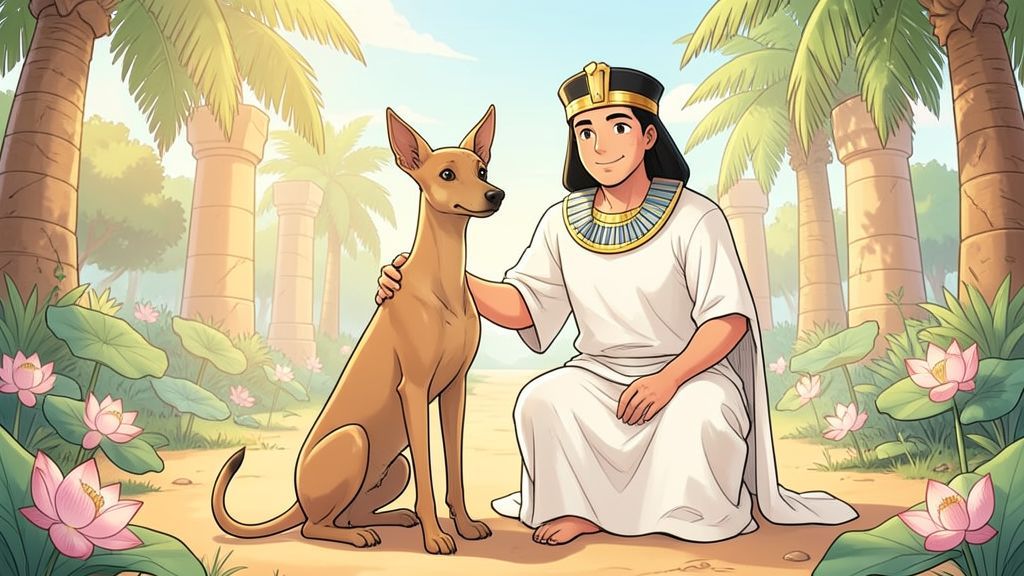 Ein schlanker, altägyptischer Hund mit spitzen Ohren sitzt stolz neben einem freundlichen Pharao in einem sonnigen Palastgarten.