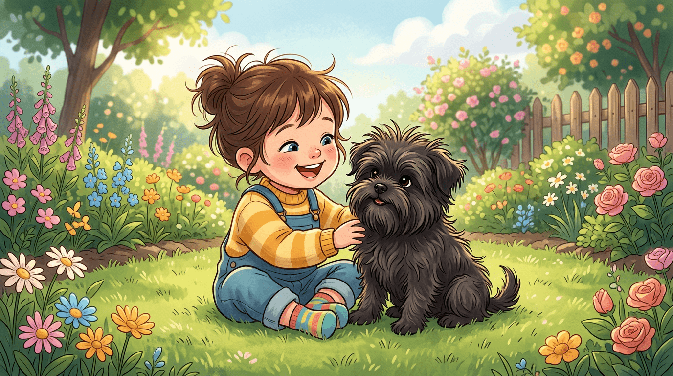 Ein wuscheliger, schwarzer Affenpinscher sitzt fröhlich neben einem lachenden Kind im Garten.