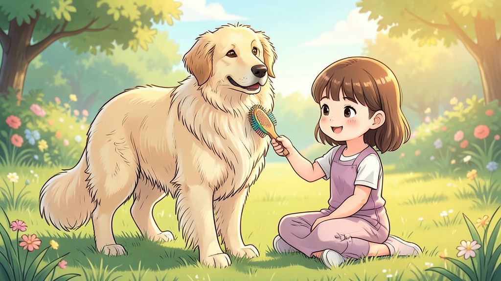 Ein eleganter Afghanischer Windhund mit langem, seidigem Fell steht neben einem Kind auf einer sonnigen Wiese.