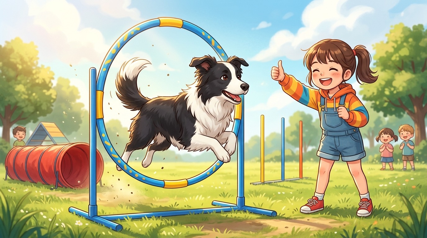 Ein fröhlicher Border Collie springt durch einen Agility-Reifen während ein Kind ihn anfeuert.