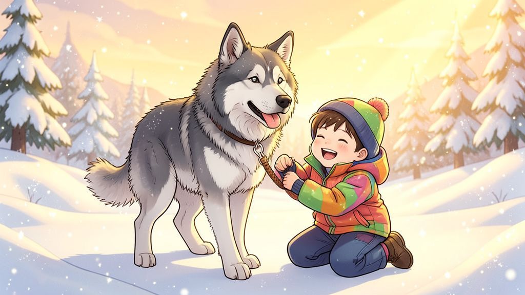 Ein flauschiger Alaskan Malamute Hund mit eingerollter Rute spielt mit einem lachenden Kind im glitzernden Schnee.