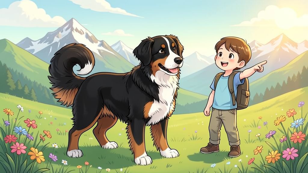 Ein fröhlicher Appenzeller Sennenhund mit seiner typischen Ringelrute steht neben einem Kind auf einer Bergwiese.