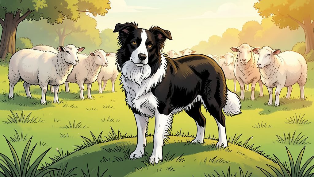 Ein schwarz-weißer Border Collie steht aufmerksam auf einer grünen Wiese und hütet eine Gruppe weißer Schafe.