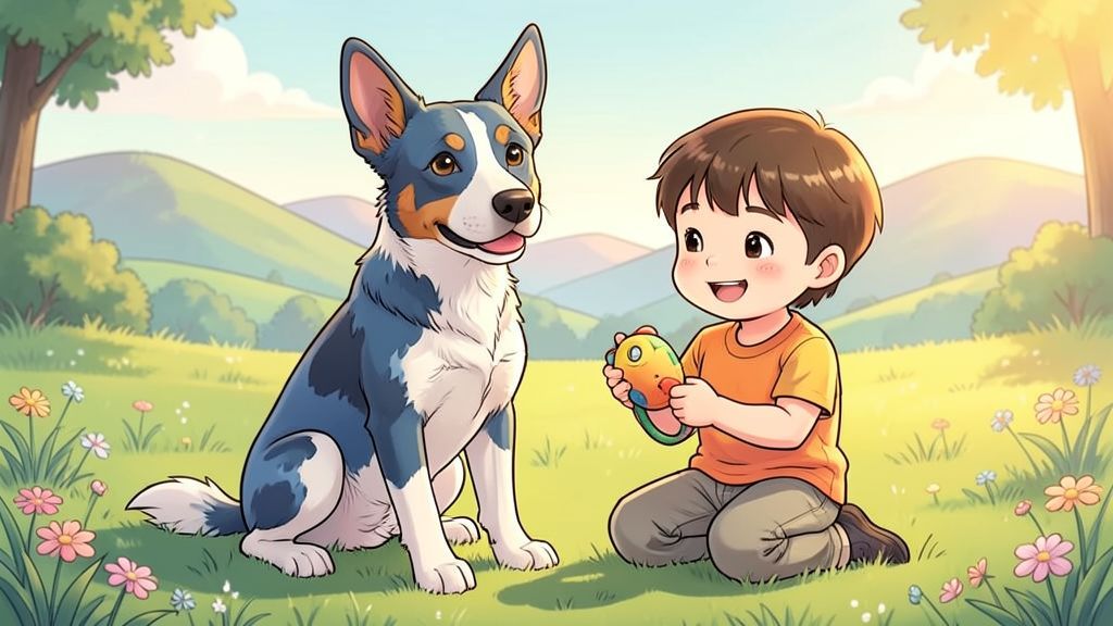 Ein freundlicher, blau-gesprenkelter Australian Cattle Dog sitzt neben einem lachenden Kind auf einer sonnigen Wiese.