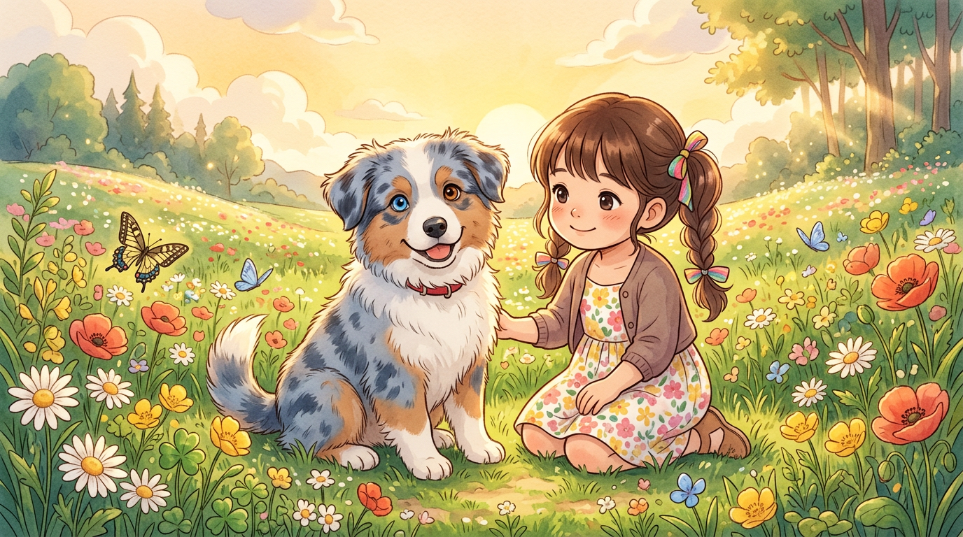 Ein flauschiger Australian Shepherd Hund mit einem blauen und einem braunen Auge sitzt neben einem Kind auf einer Wiese.