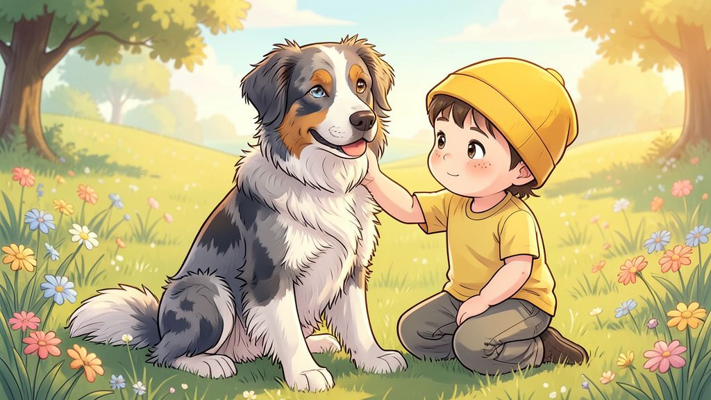 Ein bunter Australian Shepherd mit einem blauen und einem braunen Auge sitzt glücklich neben einem lachenden Kind auf einer Sommerwiese.