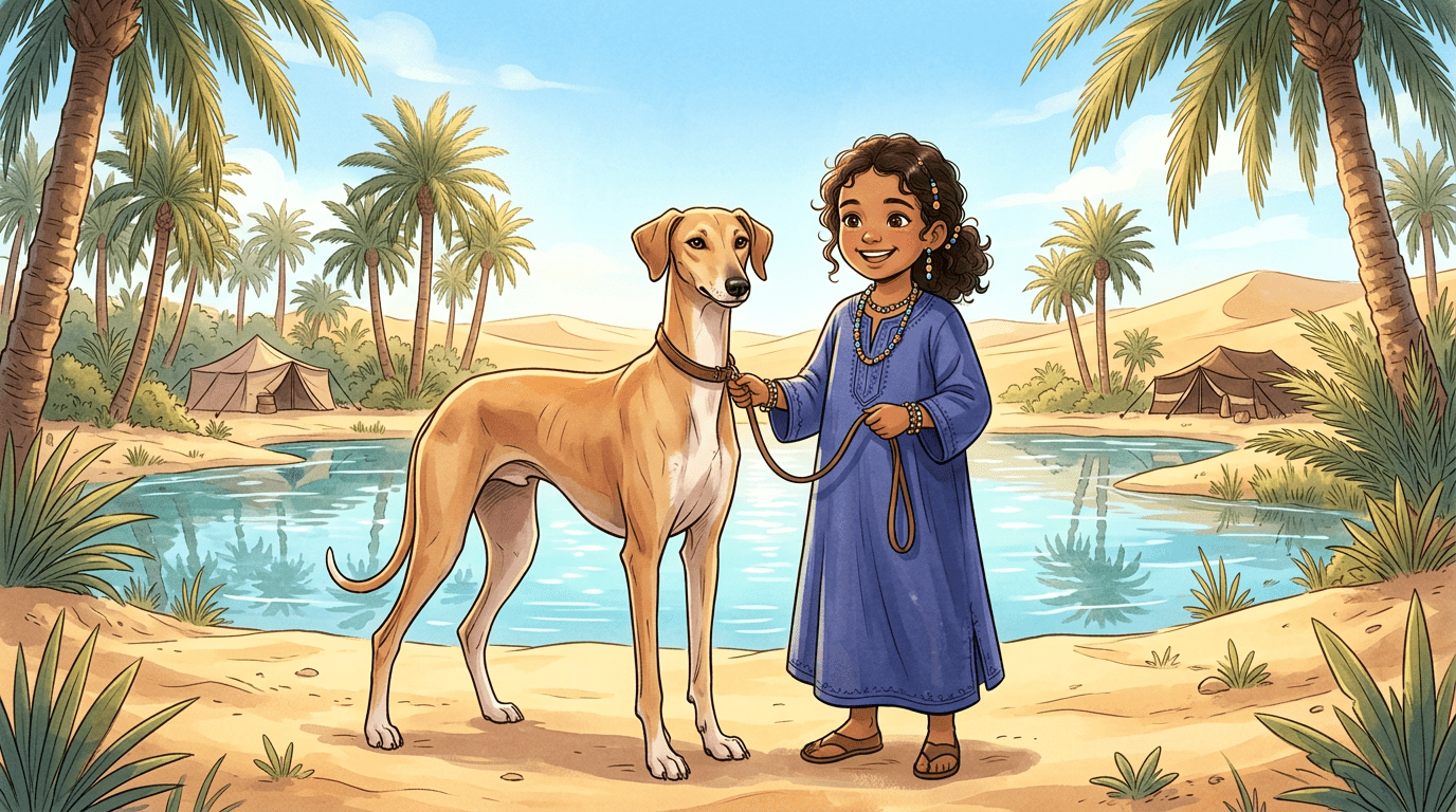 Eine wunderschöne Kinderbuch-Illustration eines schlanken Azawakh-Hundes, der neben einem Tuareg-Kind an einer blauen Oase in der Wüste steht.