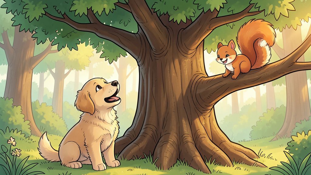 Eine Illustration eines freundlichen Hundes, der einen Baum anbellt, während ein Eichhörnchen auf dem Nachbarbaum sitzt.