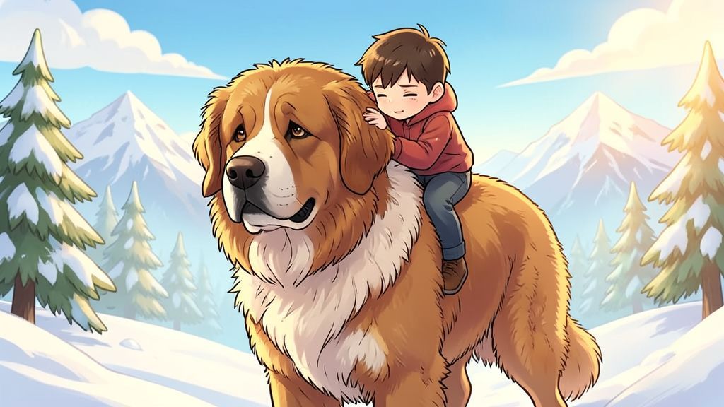 Ein großer, freundlicher Bernhardiner mit dichtem Fell trägt ein kleines Kind sanft auf seinem Rücken durch eine glitzernde Schneelandschaft in den Bergen.