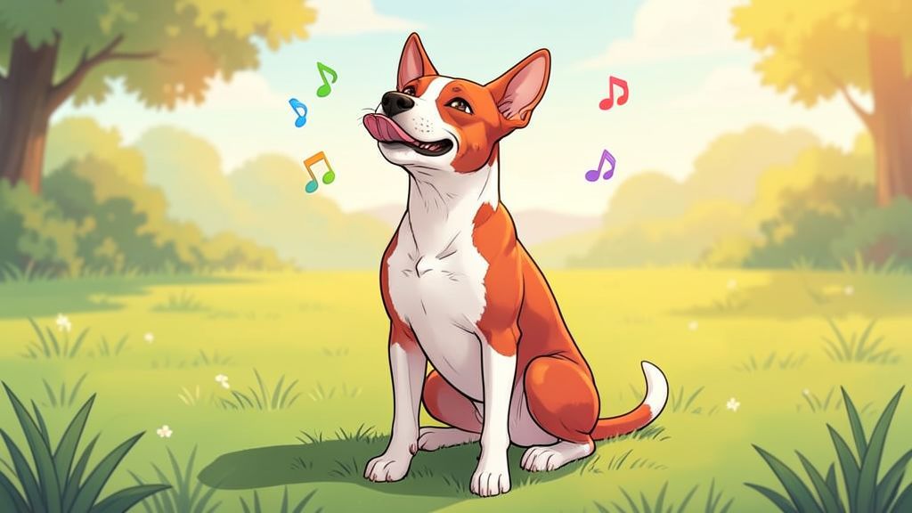 Ein rot-weißer Basenji Hund sitzt auf einer Wiese und gibt jodelnde Geräusche von sich.