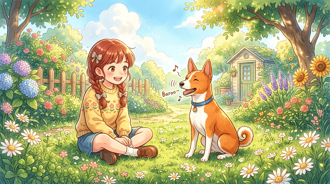 Ein kleiner rot-weißer Basenji Hund sitzt im Garten und macht ein jodelndes Geräusch, während ein Kind aufmerksam zuhört.