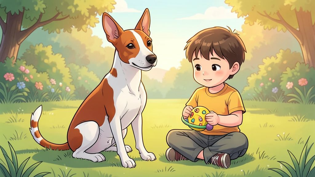 Ein freundlicher Basenji-Hund mit Ringelrute sitzt neben einem lachenden Kind in einem sonnigen Garten.