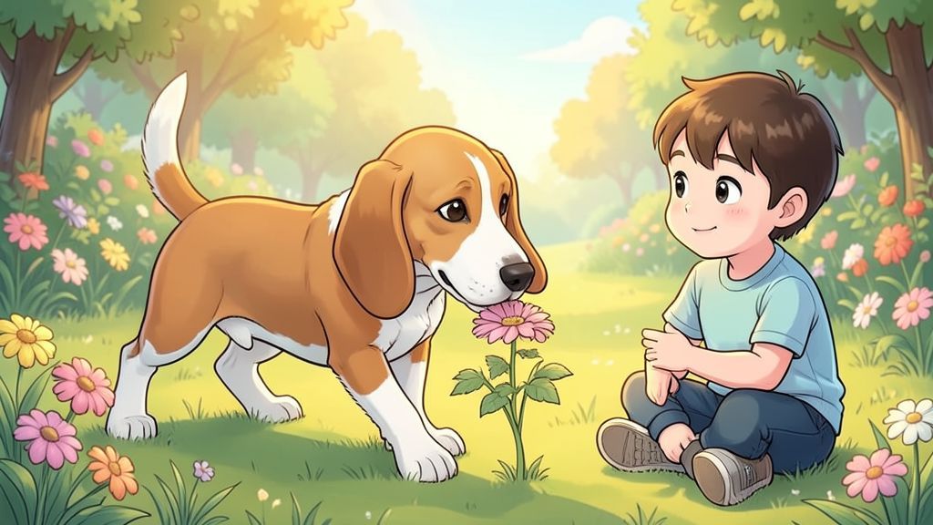 Ein freundlicher Beagle-Hund mit langen Schlappohren und weißer Schwanzspitze schnüffelt im Garten neben einem lachenden Kind.