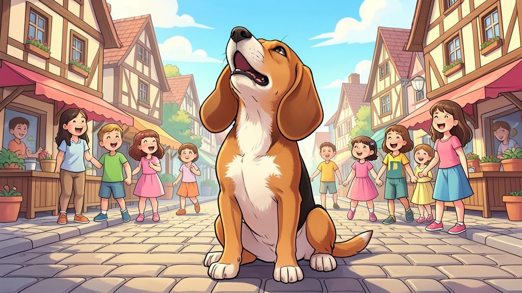Ein freundlicher Beagle sitzt singend auf einem Dorfplatz, während Kinder im Hintergrund fröhlich tanzen.