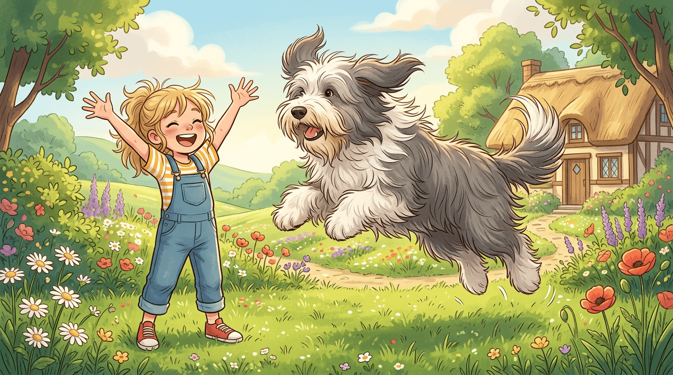 Ein flauschiger Bearded Collie springt fröhlich in einem Garten neben einem lachenden Kind.