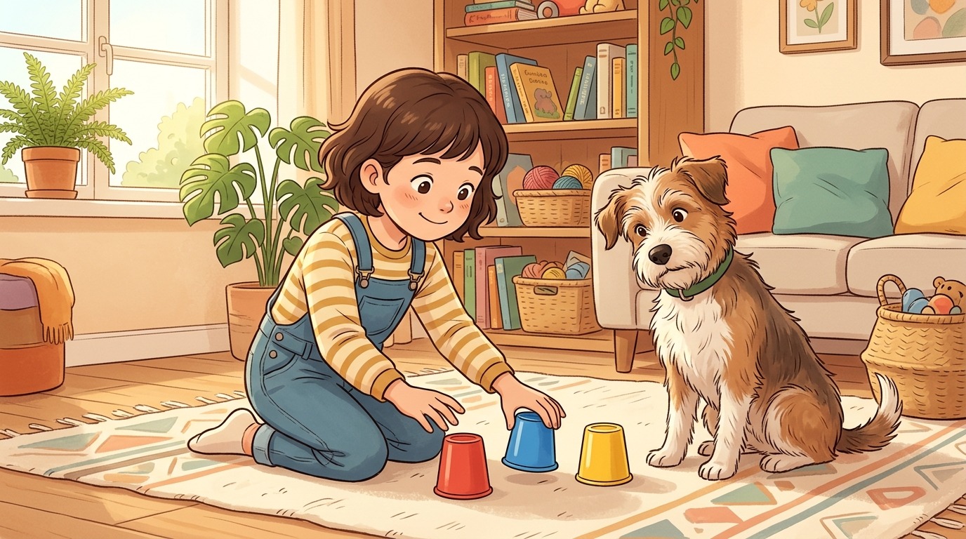 Ein Kind und ein aufmerksamer Hund spielen das Becher-Rätsel mit drei bunten Bechern.