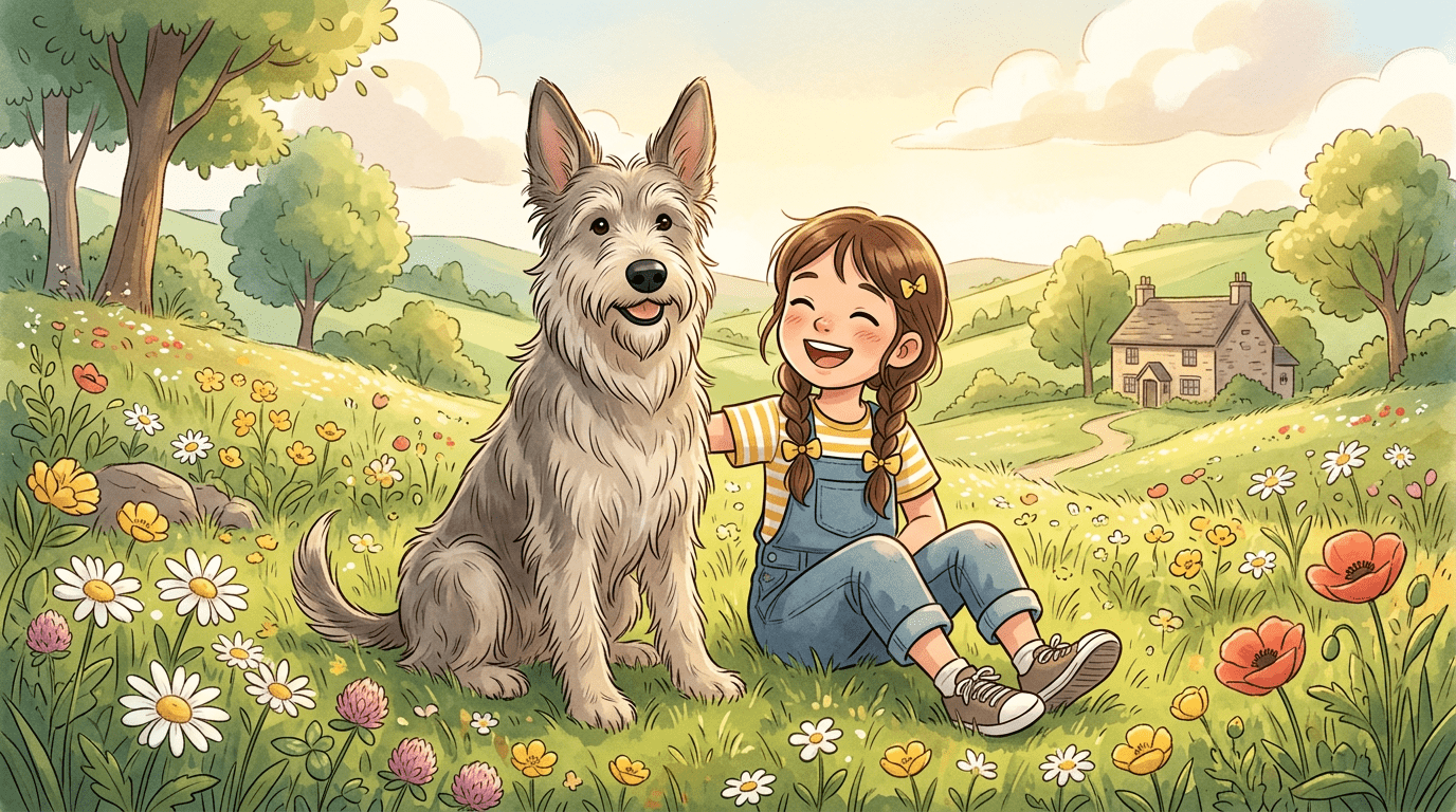 Eine fröhliche Kinderbuch-Illustration eines zotteligen Berger Picard Hundes mit großen Stehohren, der neben einem lachenden Kind auf einer grünen Wiese sitzt.