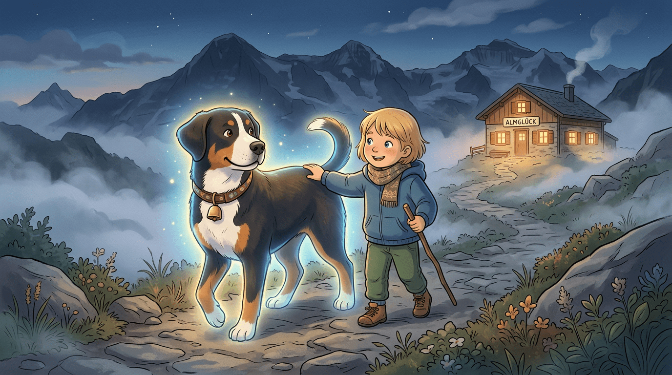 Ein freundlicher, leicht schimmernder Schweizer Sennenhund führt ein Kind auf einem nebligen Bergpfad zu einer gemütlichen, leuchtenden Hütte.