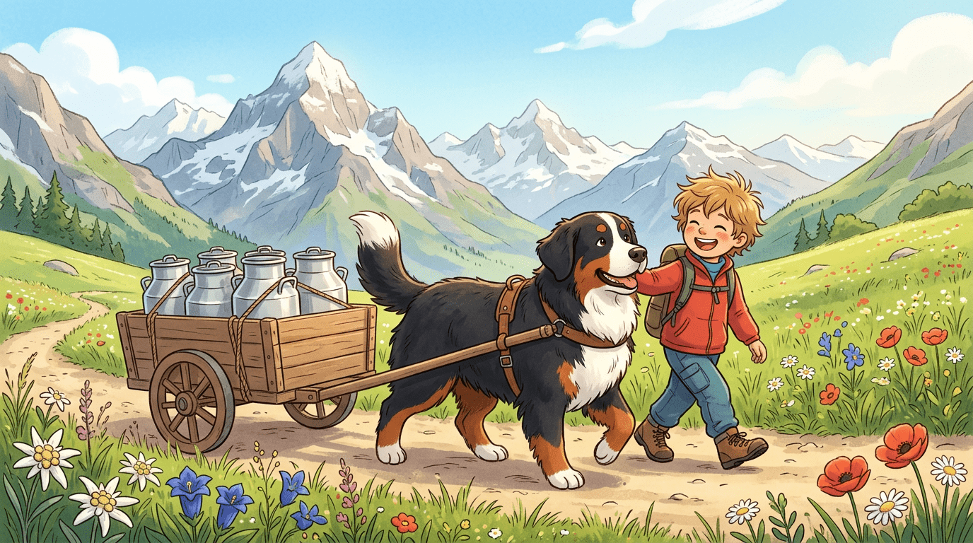 Ein freundlicher Berner Sennenhund zieht einen kleinen Holzkarren mit Milchkannen über eine Schweizer Bergwiese, begleitet von einem Kind.