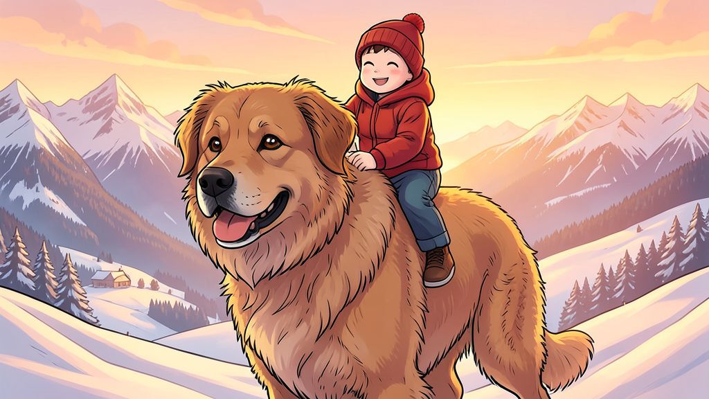 Ein großer, freundlicher Bernhardiner trägt einen kleinen Jungen auf seinem Rücken durch eine sanfte Schneelandschaft in den Alpen.