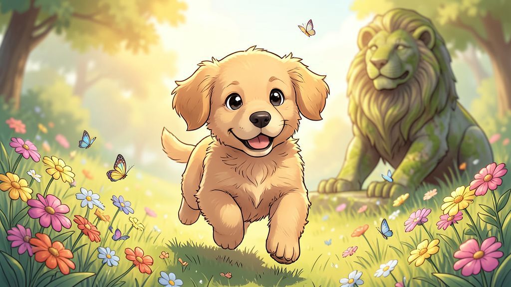 Ein kleiner, glücklicher Hund spielt auf einer sonnigen Wiese, während im Hintergrund eine alte, stille Löwenstatue zu sehen ist.