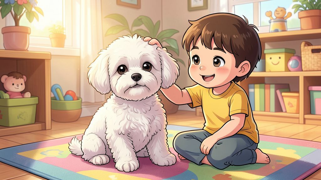 Ein weißer, lockiger Bichon Frisé Hund sitzt fröhlich neben einem Kind auf einem Teppich.