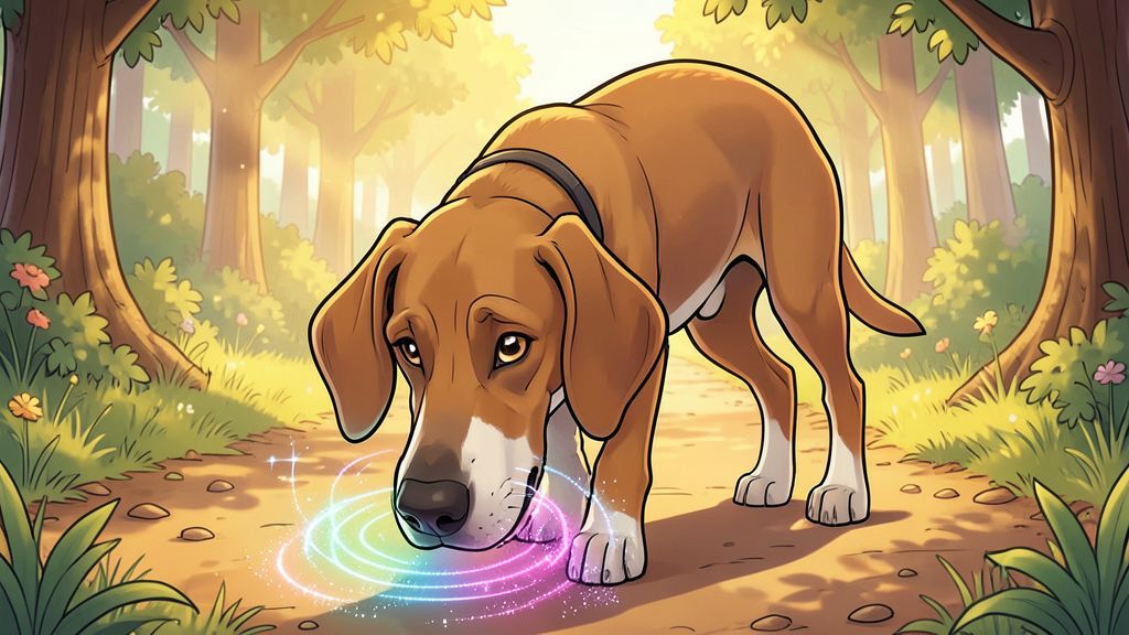 Ein freundlicher Bloodhound mit großen Schlappohren schnüffelt konzentriert auf einem Waldweg an einer alten Spur.