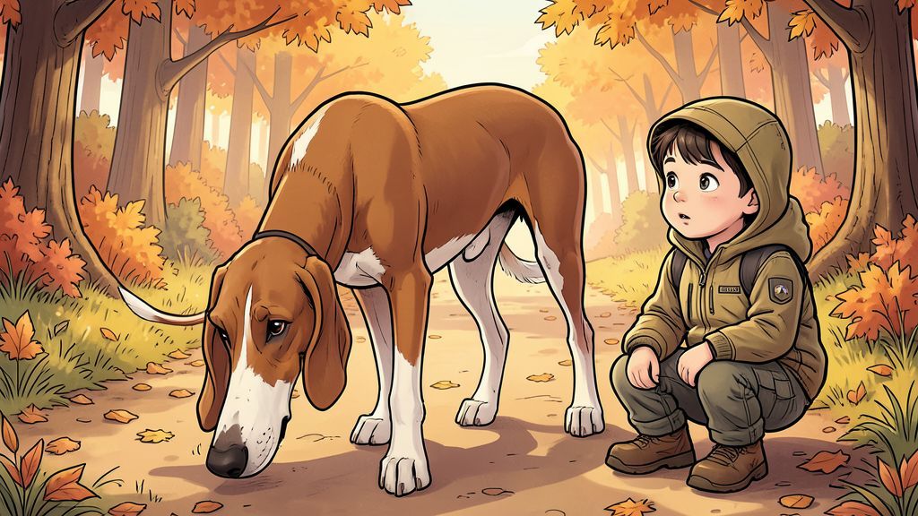 Ein Bloodhound-Hund schnüffelt mit seinen langen Schlappohren auf einem Waldweg am Boden.