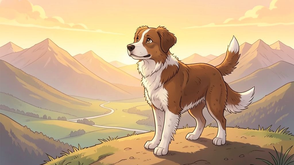 Ein treuer braun-weißer Mischlingshund namens Bobbie blickt entschlossen über eine weite Landschaft mit fernen Bergen.