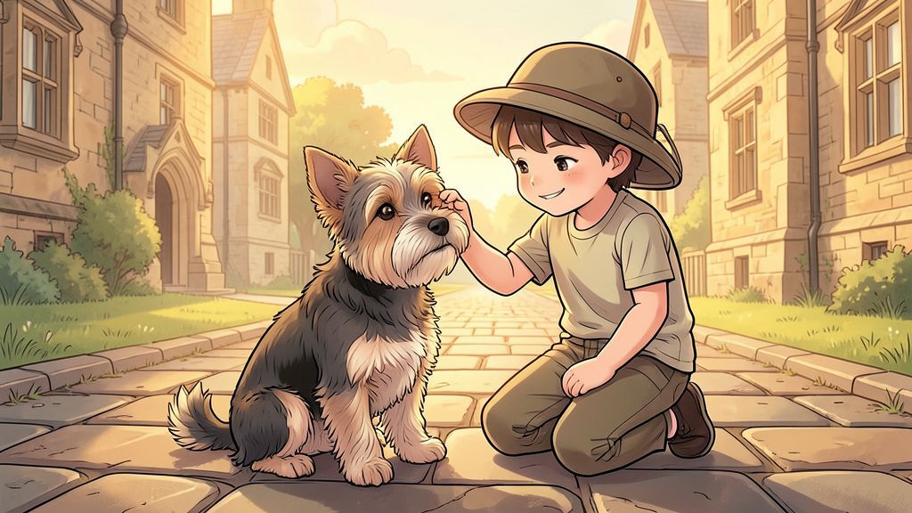 Eine liebevolle Illustration des kleinen Hundes Bobby, der treu neben einem Kind in einer historischen Stadt sitzt.