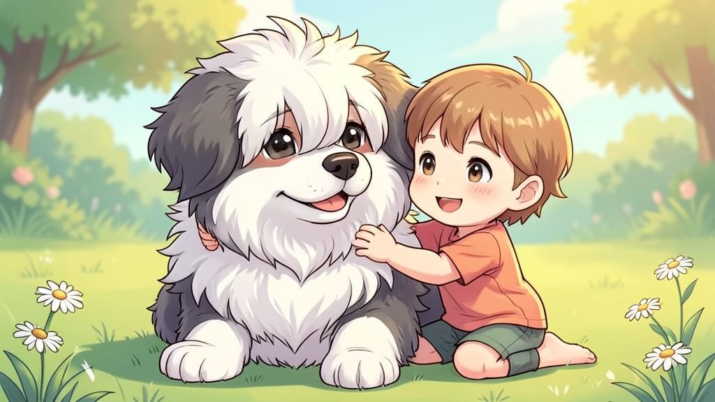 Ein flauschiger, grau-weißer Bobtail Hund sitzt neben einem lachenden Kind auf einer Sommerwiese.