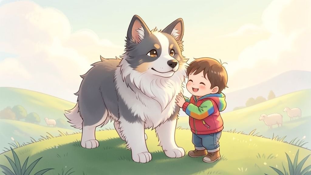 Ein flauschiger Bobtail mit weiß-grauem Fell steht beschützend neben einem Kind auf einer nebligen grünen Wiese.